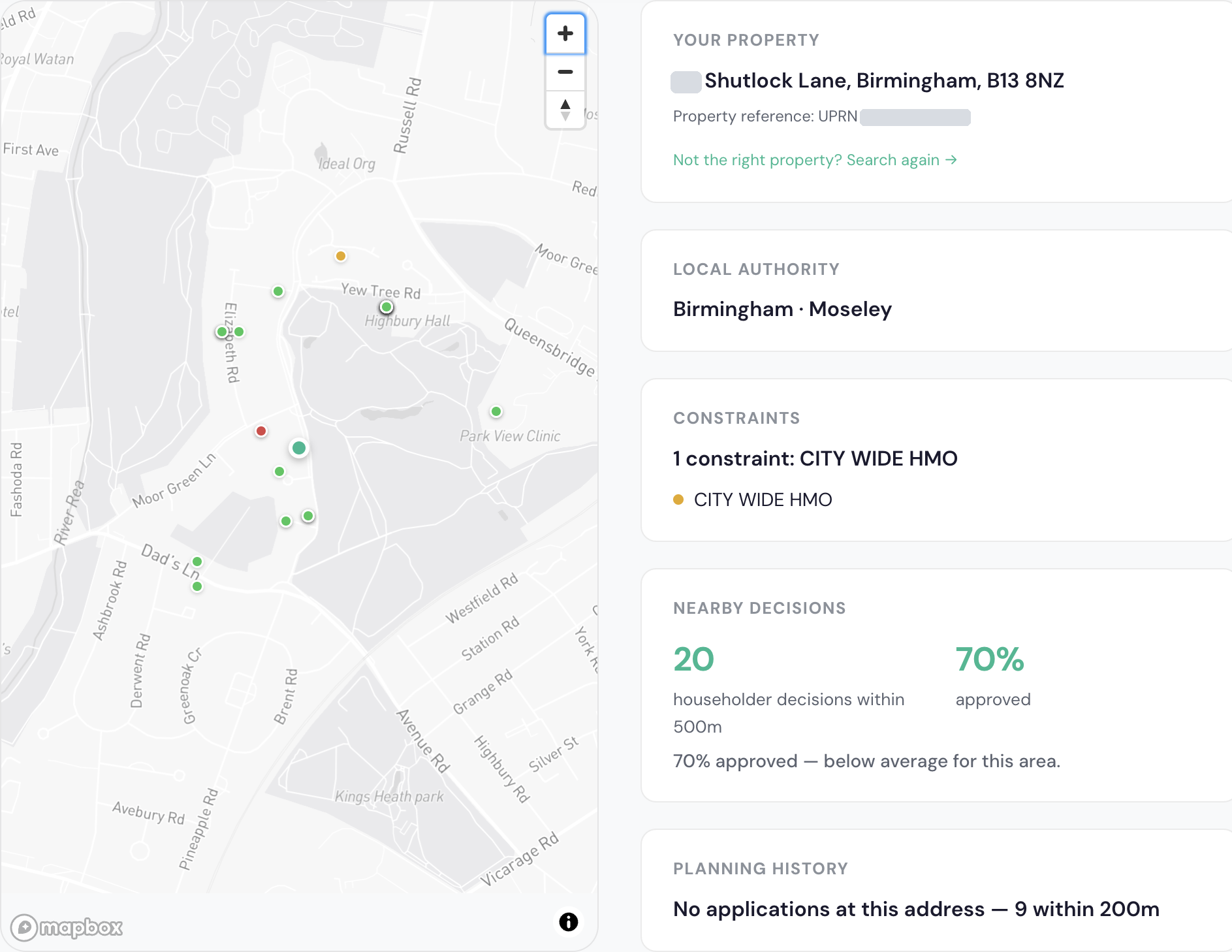 Planiverse property report — map of recent planning decisions on the left, address summary and approval-rate cards on the right